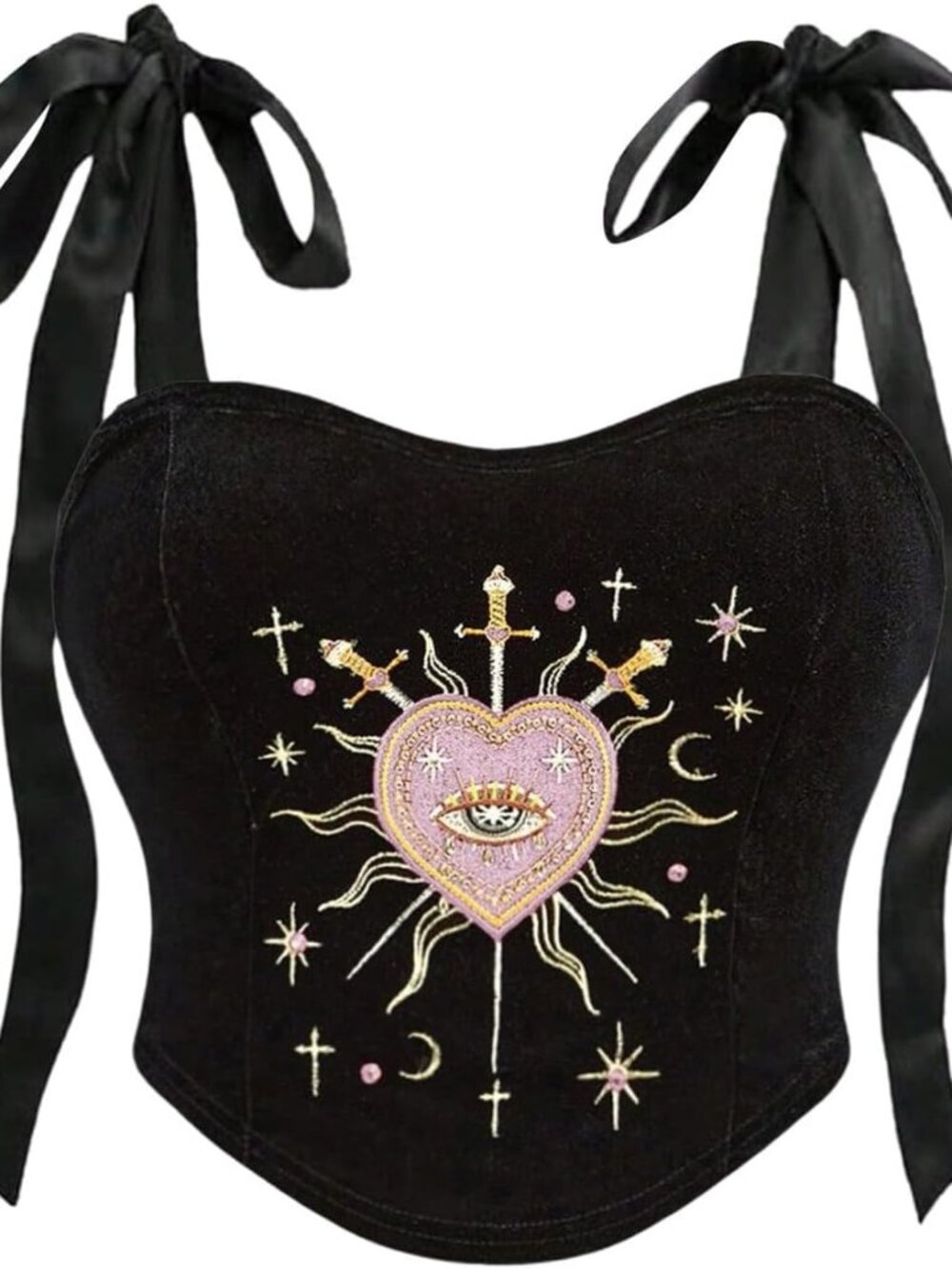 Women's Plus Size Y2k Gothic Velvet Corset Bustier Embroidered Tie Shoulder Crop